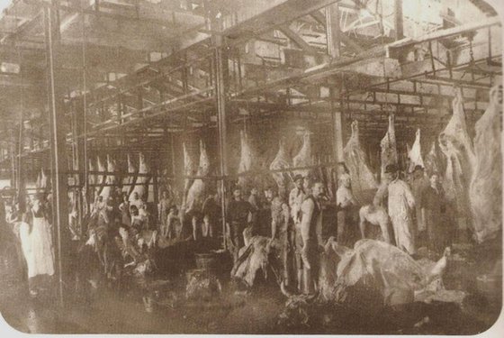 Interior de un frigorífico de principios del siglo XX, con reses colgadas y obreros